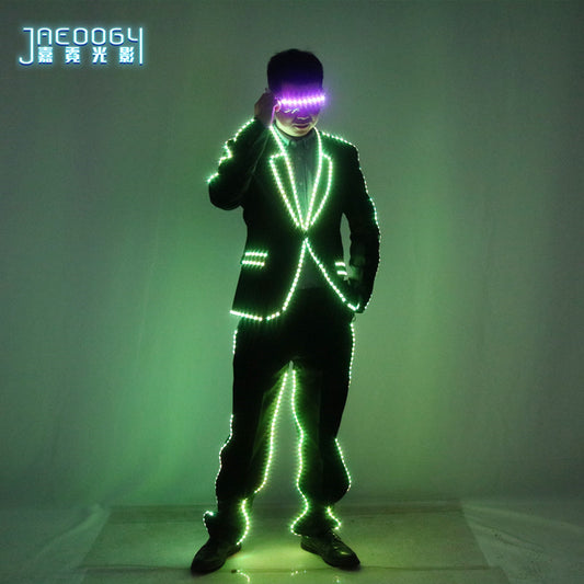 LED luminous suit, evening dance, colorful glasses, stage DJ, atmosphere, clothing, bar, night performance, fluorescent suit